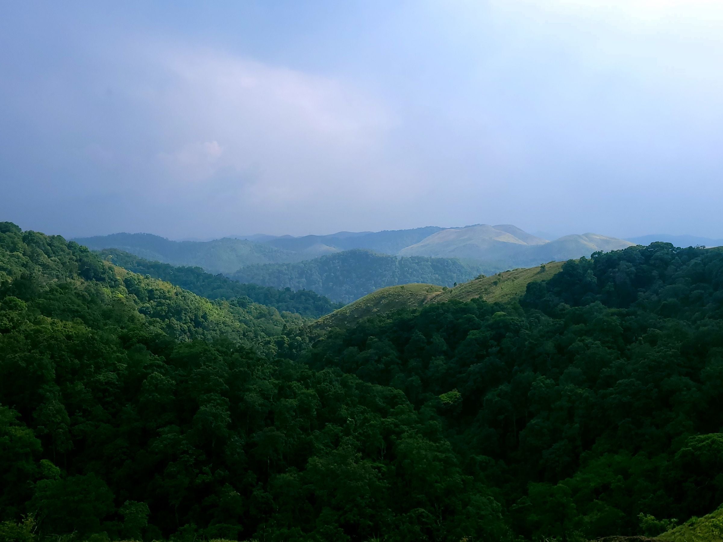 Lush green forested mountains beneath a calm open sky