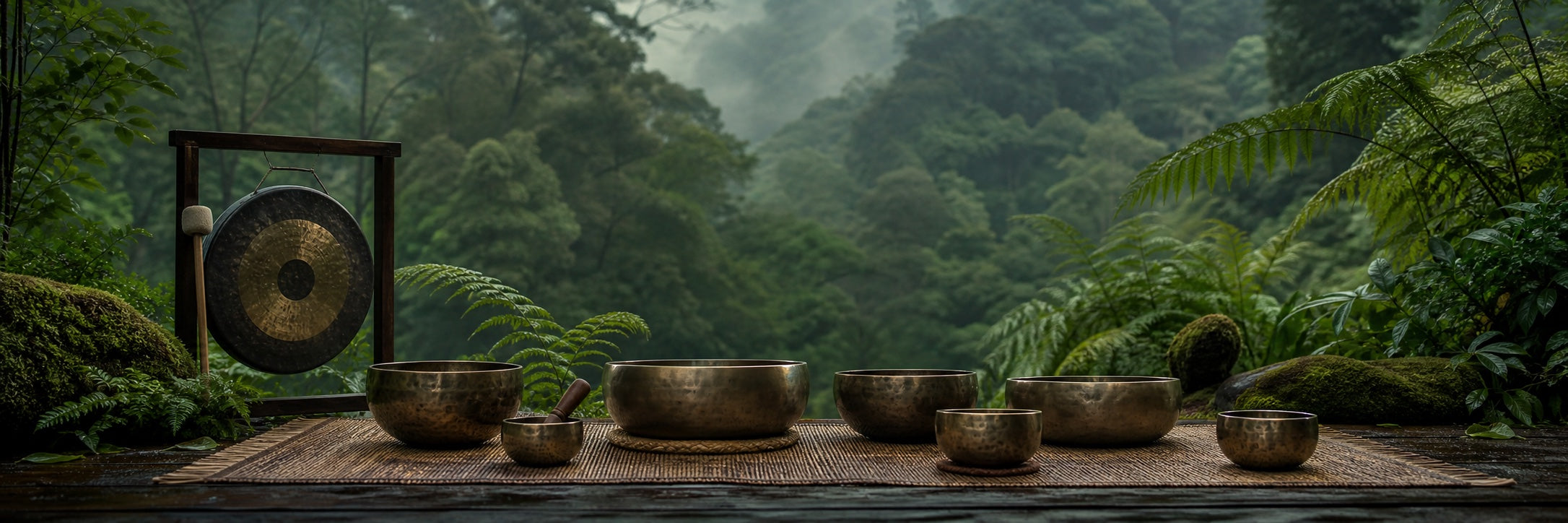 Singing bowls and a gong in a lush green forest setting